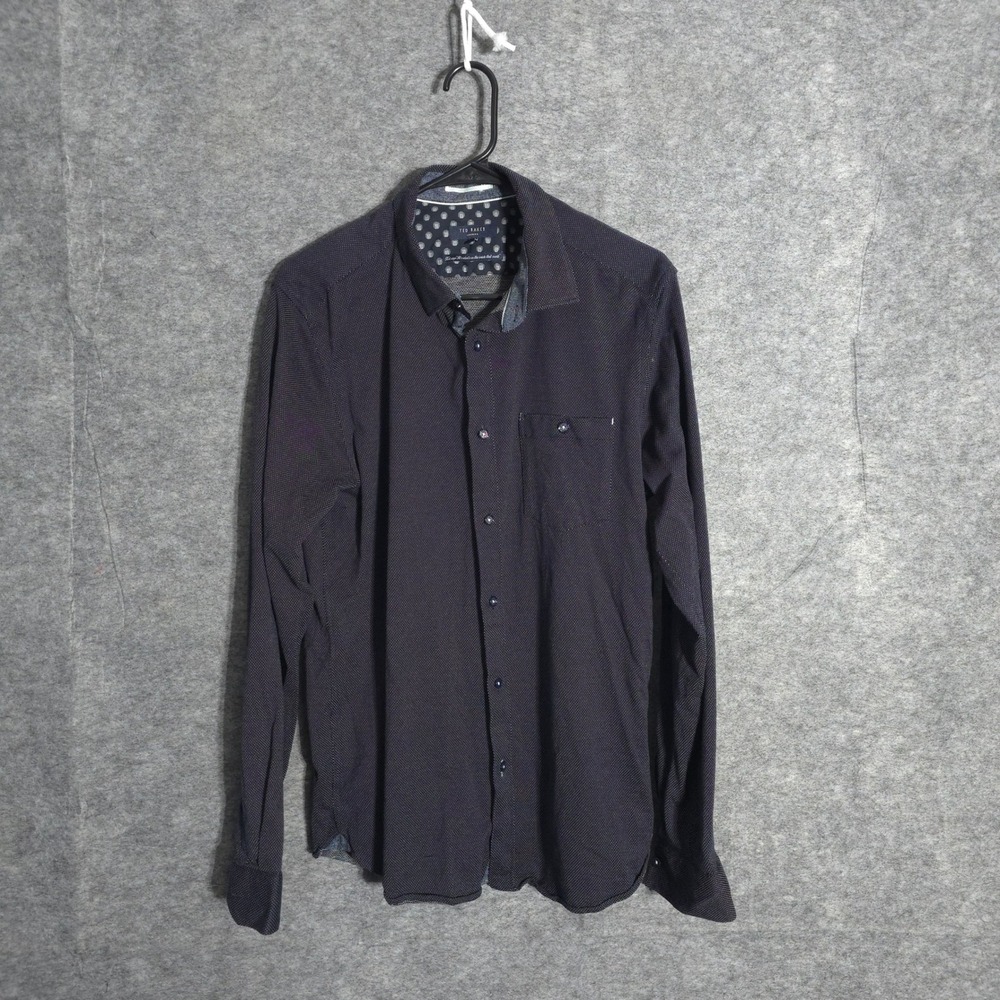 Ted Baker Shirt Mens 5 XL Navy Blue Micro Dot Long Sleeve Cotton Button Down